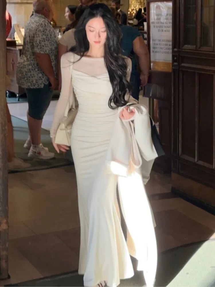 Lizakosht French Elegant Women New White Mermaid Dress Fashion Patchwork Lady Slim Vestidos Clothes Autumn Vintage Ruched Prom Maxi