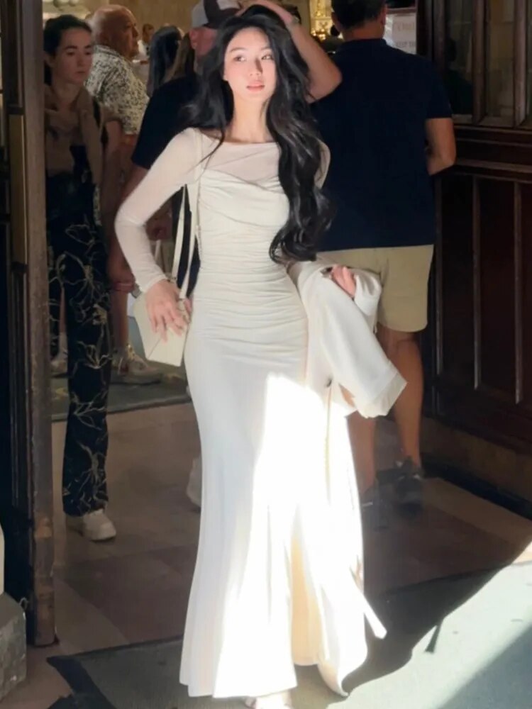 Lizakosht French Elegant Women New White Mermaid Dress Fashion Patchwork Lady Slim Vestidos Clothes Autumn Vintage Ruched Prom Maxi
