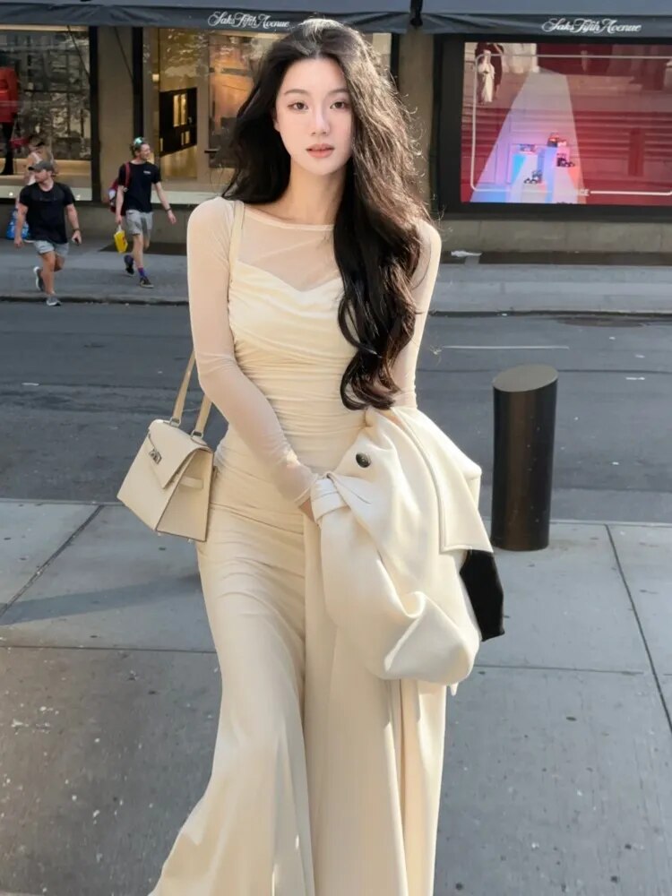 Lizakosht French Elegant Women New White Mermaid Dress Fashion Patchwork Lady Slim Vestidos Clothes Autumn Vintage Ruched Prom Maxi