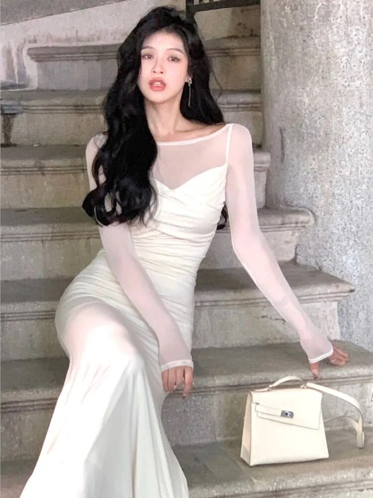 Lizakosht French Elegant Women New White Mermaid Dress Fashion Patchwork Lady Slim Vestidos Clothes Autumn Vintage Ruched Prom Maxi