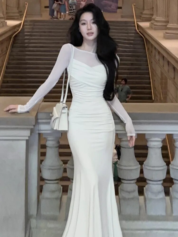 Lizakosht French Elegant Women New White Mermaid Dress Fashion Patchwork Lady Slim Vestidos Clothes Autumn Vintage Ruched Prom Maxi