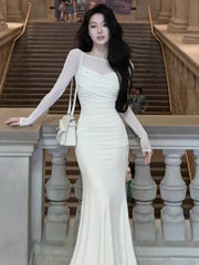 Lizakosht French Elegant Women New White Mermaid Dress Fashion Patchwork Lady Slim Vestidos Clothes Autumn Vintage Ruched Prom Maxi