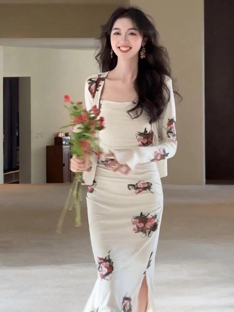 French Floral Pint Women Split Strap Dress Casual New Long Sleeve Vintage Cardigan Elegant Slim Waist Lady Evening Party Suits