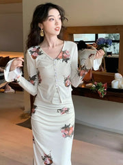French Floral Pint Women Split Strap Dress Casual New Long Sleeve Vintage Cardigan Elegant Slim Waist Lady Evening Party Suits