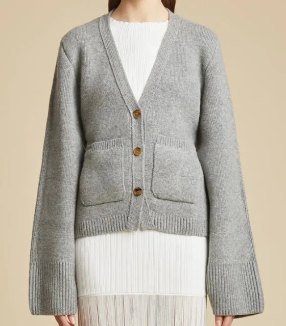 Lizakosht Grey Knit V-neck Ribbed Cuff Women Cardigan Long Straight Sleeve Single Breasted Loose Soft Sweater Autumn Chic Casual Knitwears