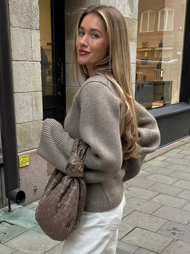 Lizakosht Grey Knit V-neck Ribbed Cuff Women Cardigan Long Straight Sleeve Single Breasted Loose Soft Sweater Autumn Chic Casual Knitwears