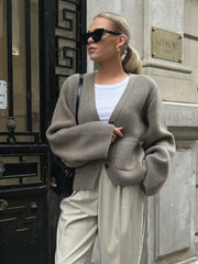 Lizakosht Grey Knit V-neck Ribbed Cuff Women Cardigan Long Straight Sleeve Single Breasted Loose Soft Sweater Autumn Chic Casual Knitwears