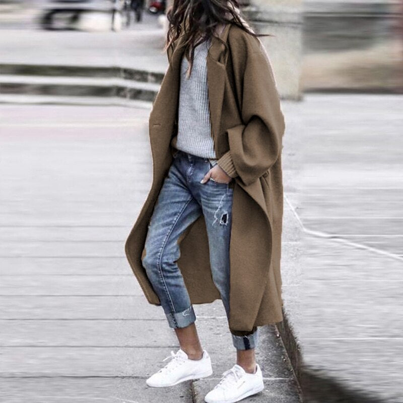 Fashion Single Breasted Loose Women Overcoat Autumn Winter Long Sleeve Solid Colour Jacket Elegant Lapel Casual Outerwear Coats
