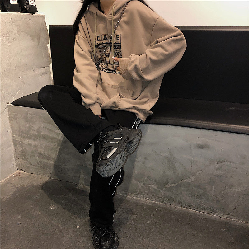 Hoodies Women Printed Thickening Hooded Plus Velvet BF Unisex Couples Pullover Sweatshirt Streetwear Hip-Hop All-match Oversize