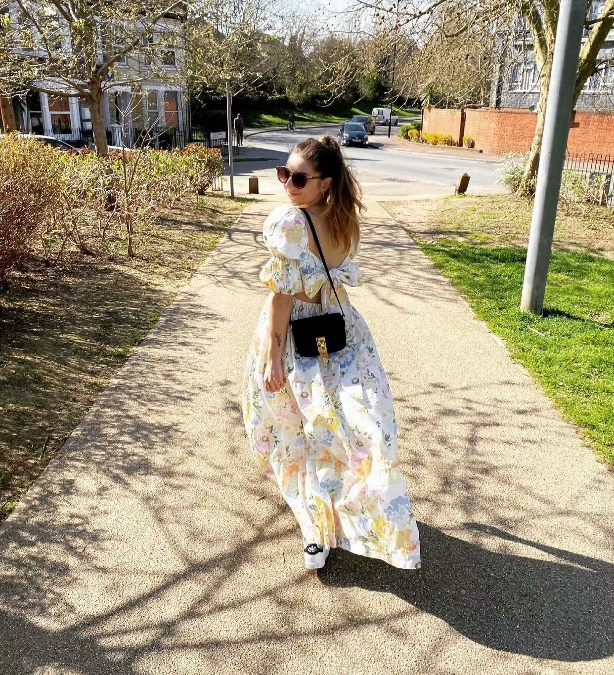 Women France Floral Print Holiday Dress Square Collar Back Tie Bow Backless Dresses Slim Midi Slit Dress 202107