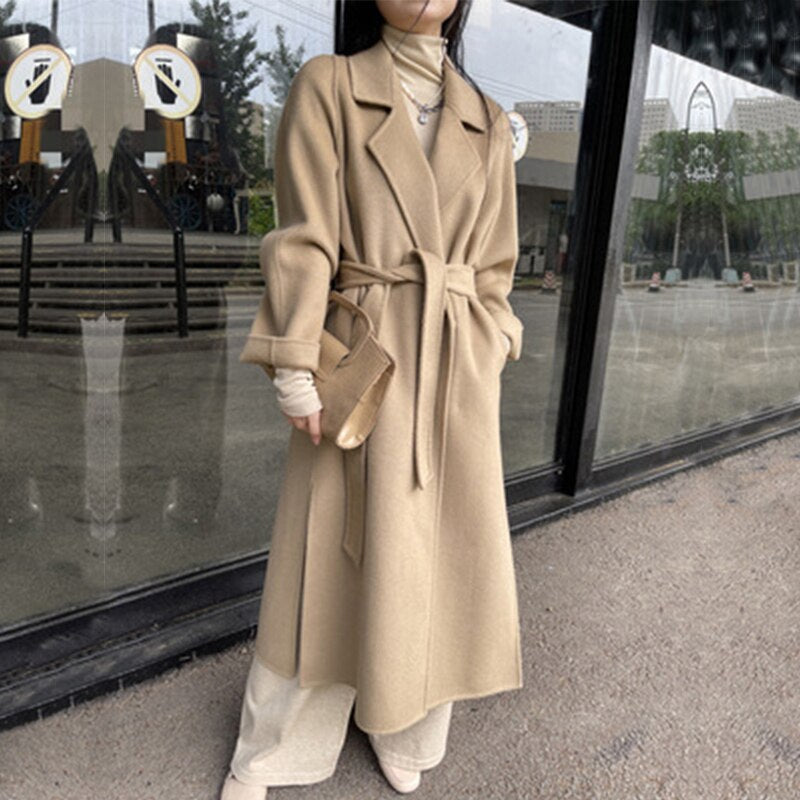 Lizakosht Autumn Winter Women Warm Korea Ins Jacket Double-Sided Cashmere Women's Long Loose Side Slit Wool Tweed Coat Elegant Overcoat