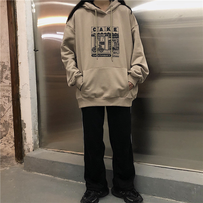 Hoodies Women Printed Thickening Hooded Plus Velvet BF Unisex Couples Pullover Sweatshirt Streetwear Hip-Hop All-match Oversize