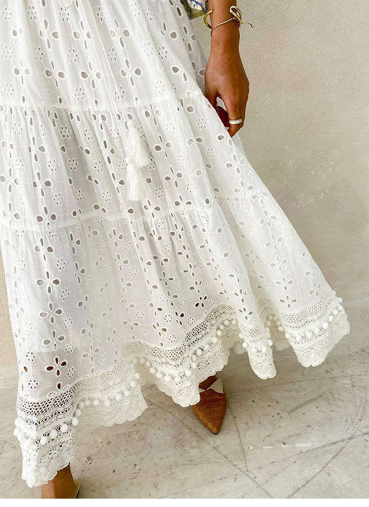 Lizakosht white eyelet skirts for women elastic waist tassel tied pom pom trims summer skirt long bohemian skirts womens