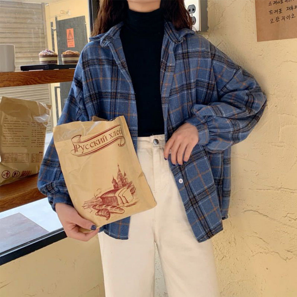 Women Vintage Warm Shirt Jacket Autumn Winter Plaid Long Shirt Jacekt Casual Loose Buttons Pockets Turn down Shirt Coat