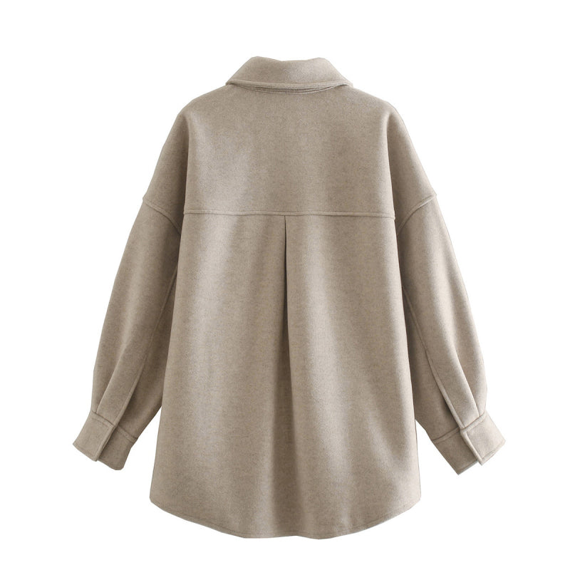 Lizakosht Casual Woman Camel Loose Pocket Woolen Shirt 2021 Fashion Ladies Autumn Long Sleeve Thick Blouse Coat Female Long Outwear