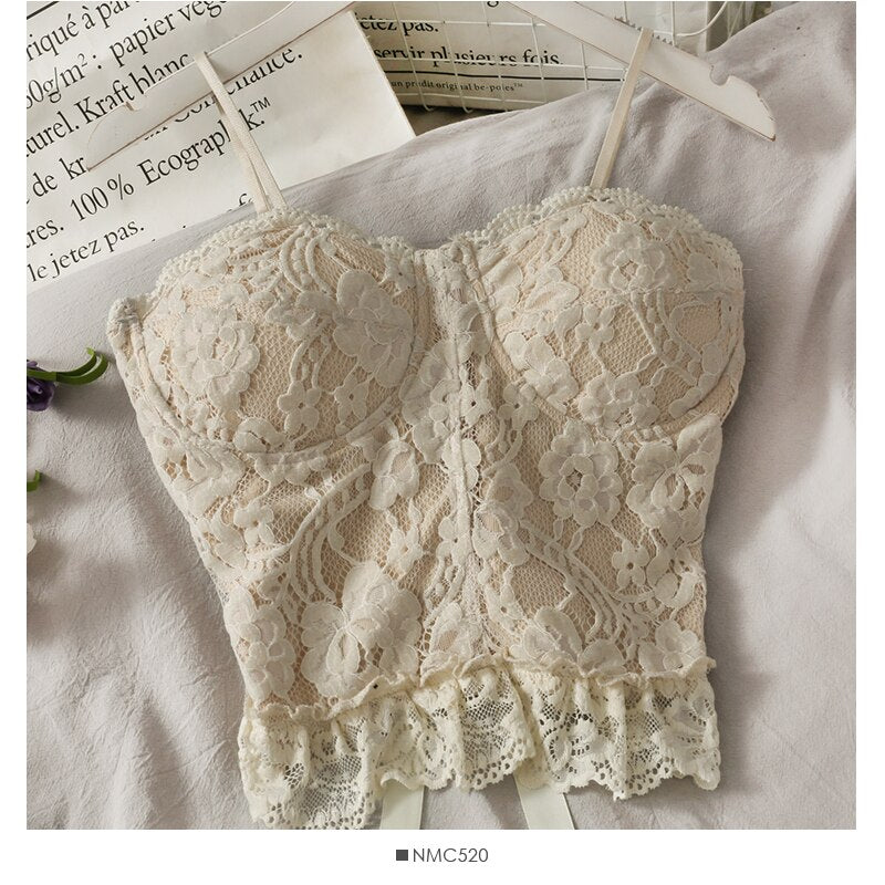Crop Top Woman 2022 Spring Summer Sexy Lace Straps Hollow Flower Crochet Lace-up Lace Frill Spaghetti-Strap Women's Camisole Top
