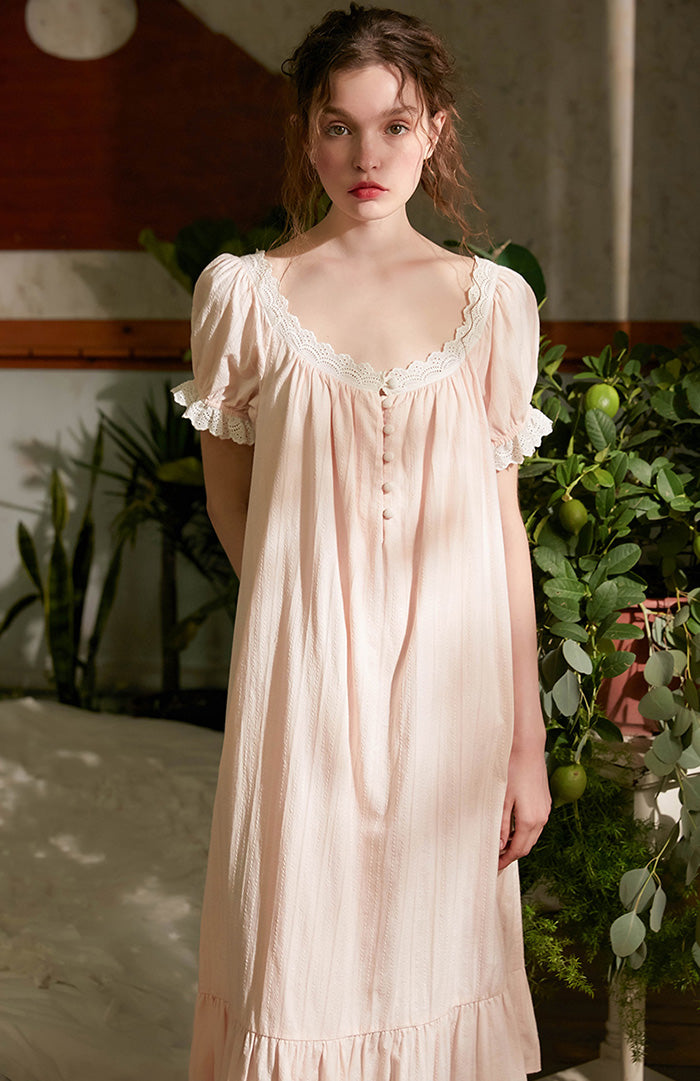 Summer Women‘s Cotton Pink Princess Sleepshirts Vintage Ladies Girls Lace Nightgowns Nightdress Cute Home Lounge Sleepwear
