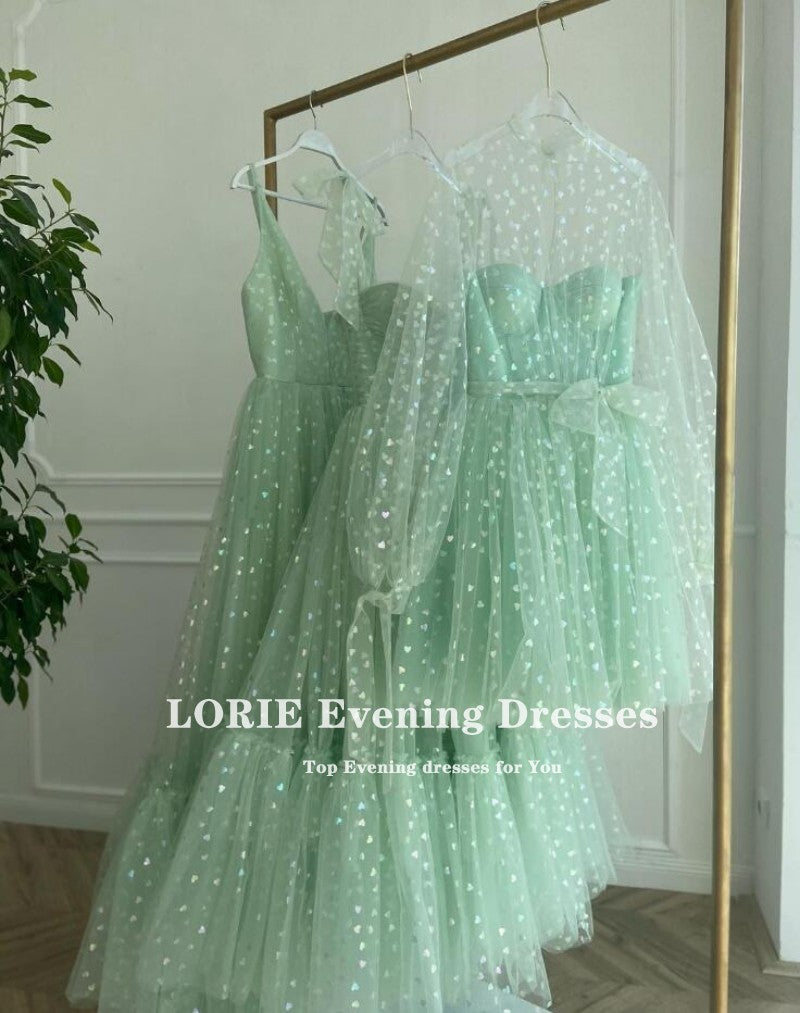 Lizakosht  Glitter Prom Dresses Mint Green Adjustable Straps Shiny Love Tulle Tea Length Arabic Wedding Party Graduation Dress 2021