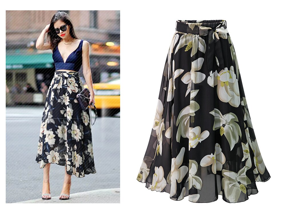Spring Summer Newest Women Chiffon Skirts Printing Floral A line High Waist Bow Lace Up Belt Y2K Ladies Midi Long Skirt