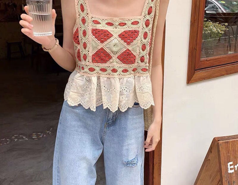 Lizakosht Patchwork Cropped Top Women Clothing Knitted Hollow Out Camisole Female Clothes Backless Lace Tops Ladies Tank-top Summer