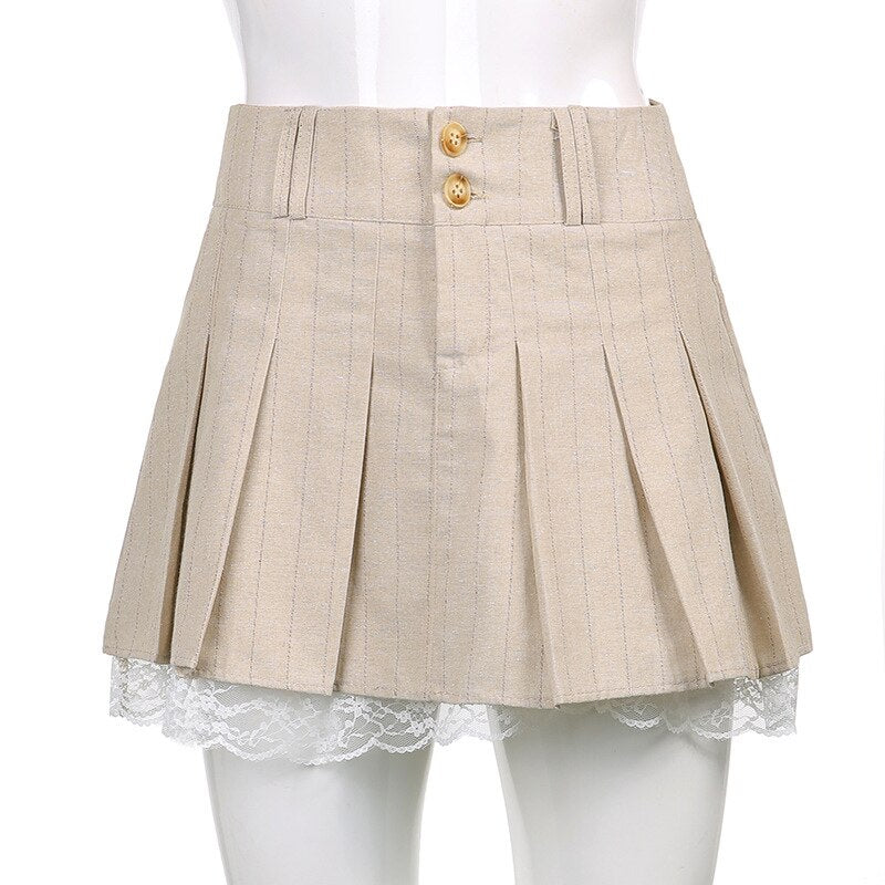 Lizakosht Grunge Fairycore Lace Double Layer Mini Skirt Button Y2K Cute Solid Pleated Skirts Elfcore Patchwork Clothes Aesthetic