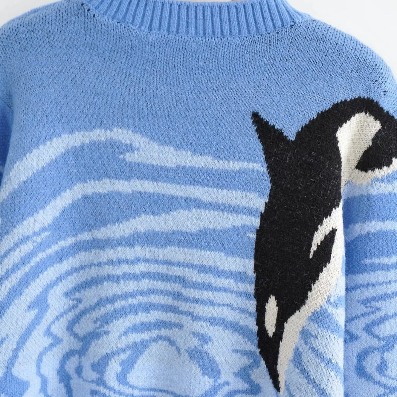Vintage Y2K Loose Pullovers V-neck Autumn Aesthetic 2000s Knitwear Harajuku Print Blue Sweaters Cute Casual Streetwear