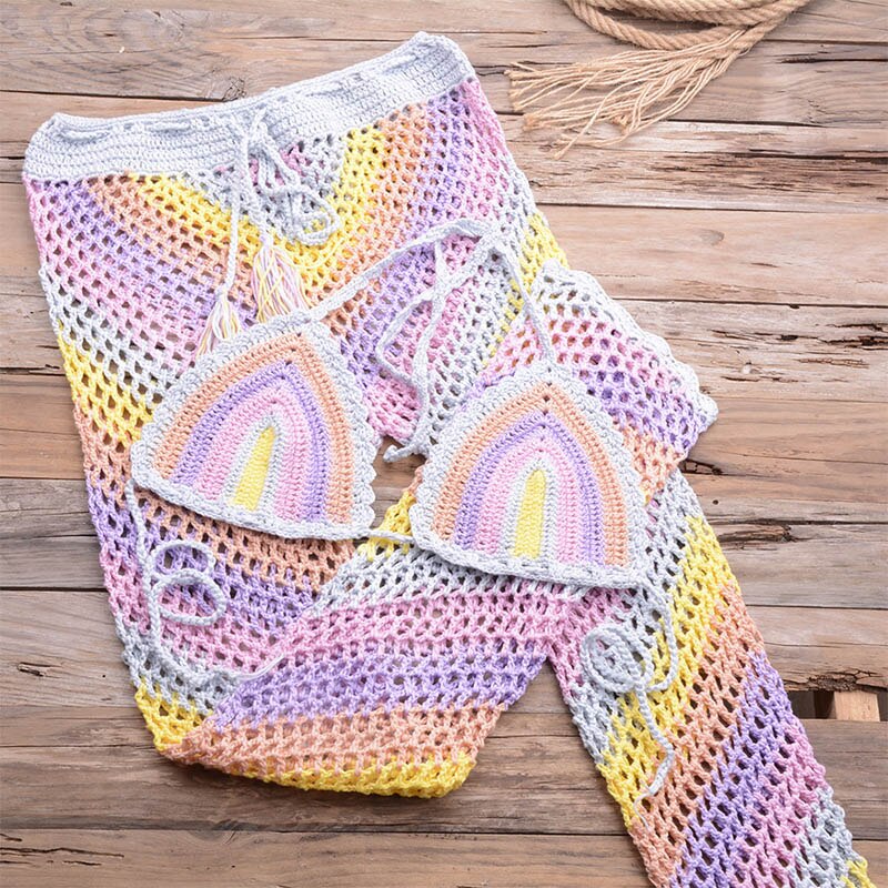 Elegant Colorful Knitted Crochet 2 Piece Set Women Summer Festival Stretch Top and Pants Beach Cover Up Swimwear Outfits