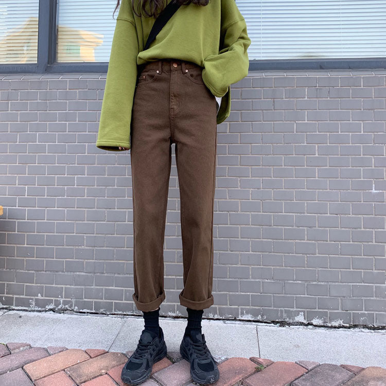 Autumn New Brown Straight Denim Vintage Slender Office Lady Jeans Women Trousers High Waist Large Size Pants Female KZ703