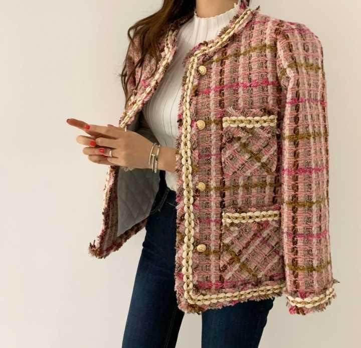 Lizakosht  Knitting Slim Woolen Jackets Women Vintage Tweed Coat Outerwear Coats Channel Style Za Suit Cropped Stripeed Kawaii
