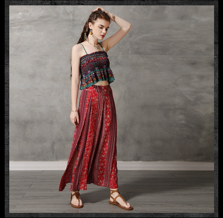 Summer Beach Fashion Bohemian Printed Wide Leg Pants Women Casual Cotton Linen Bottoms Thailand India Retro Split Loose Trousers