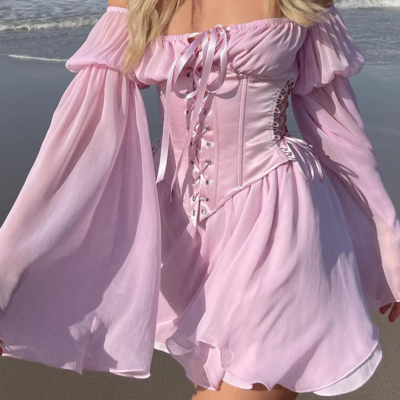 Lizakosht  Beach Style Vintage Chiffon Dress With Corset Bandage Hollow Out Bustier Prairie Chic Flare Sleeve Dresses 2 Pieces Set