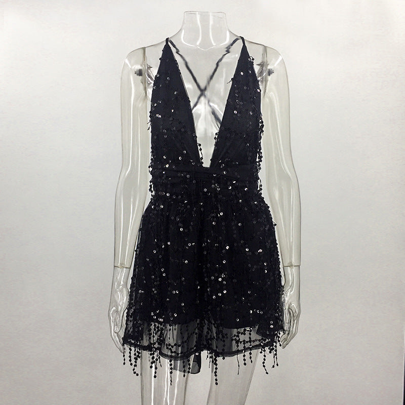 Lizakosht - Sequin Backless Bandage Summer Dress Bodycon Women Sexy Nightclub Party Mini Dress Black Bandage Deep V Neck Dresses Vestidos