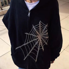 Oversized Hoodie 2021 Thin Hooded Cardigan Sweater Spider Web Hot Diamond Zipper Hoodie  Mens and Womens Diamond Jacket