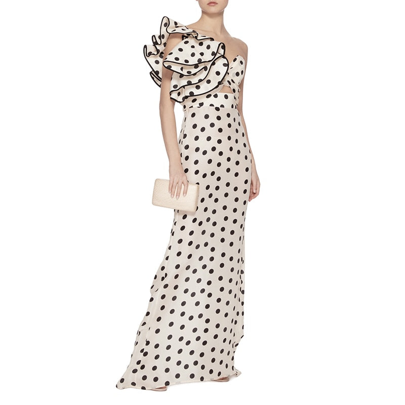 Lizakosht  Polka Dot Sheath Dress Women Hollow Out Chiffon Party Dress Sexy Long Maxi Dress Vintage Hepburn High Waist Zipper Runway C093