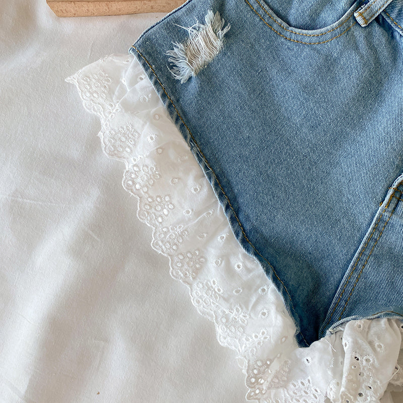 Lolita Girls Blue Denim Lace Two Piece Set Y2K Women Bustier Camis Crop Top High Waist Shorts Outfits Sexy Femenino 2 Piece Set