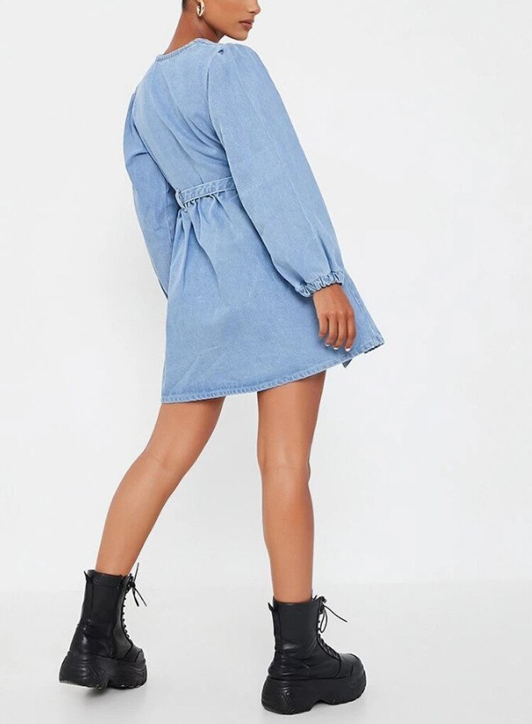 Lizakosht new women's denim dress long-sleeved cardigan V-neck big swing women's denim long-sleeved dress