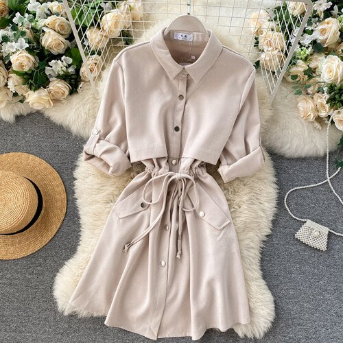 New Women Short Dress Spring Autumn Turn Down Collar Single-breasted Casual Dresses Ladies Shirts Dress
