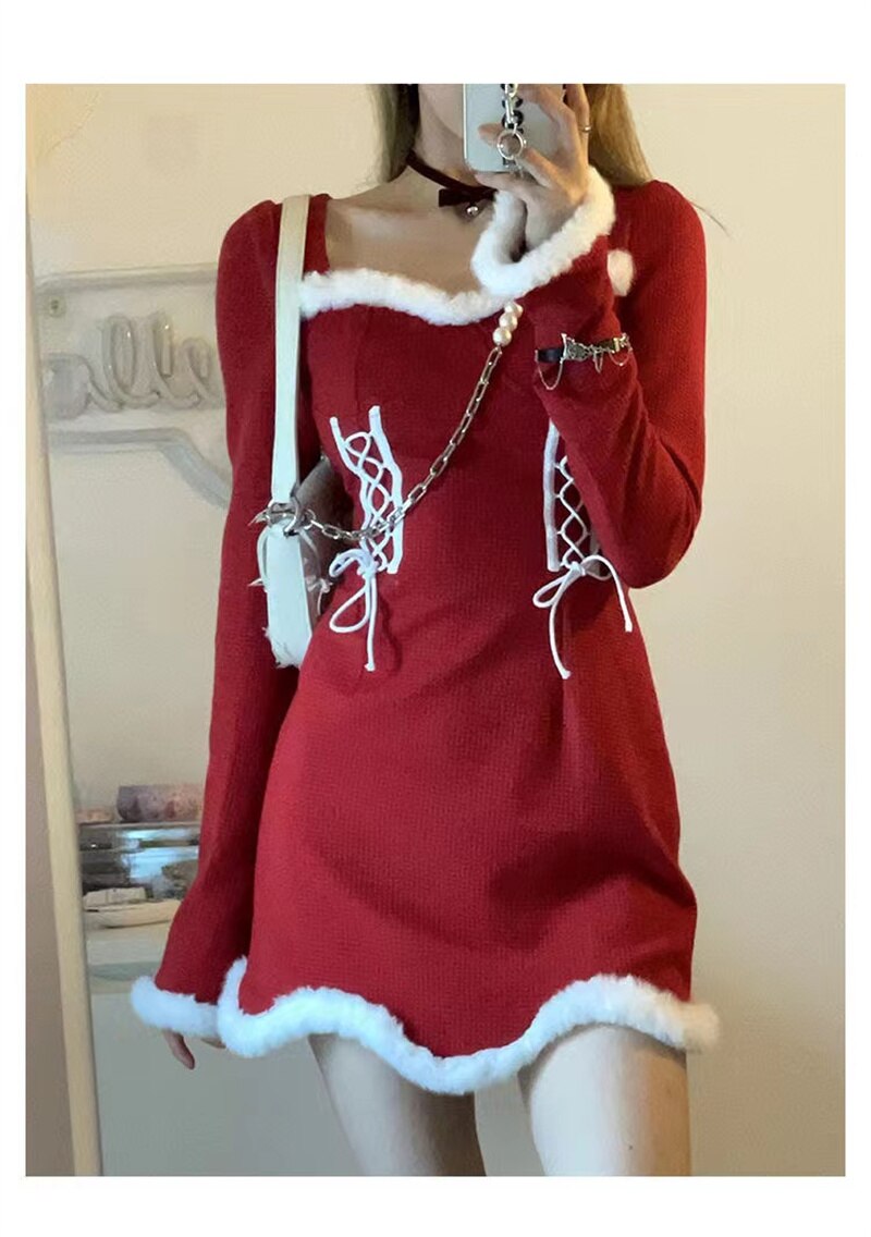 Christmas Party Women'S Dress Square Neck Long-Sleeved Plus Velvet Mini Dresses Elegant Dress For New Year 2022 Evening