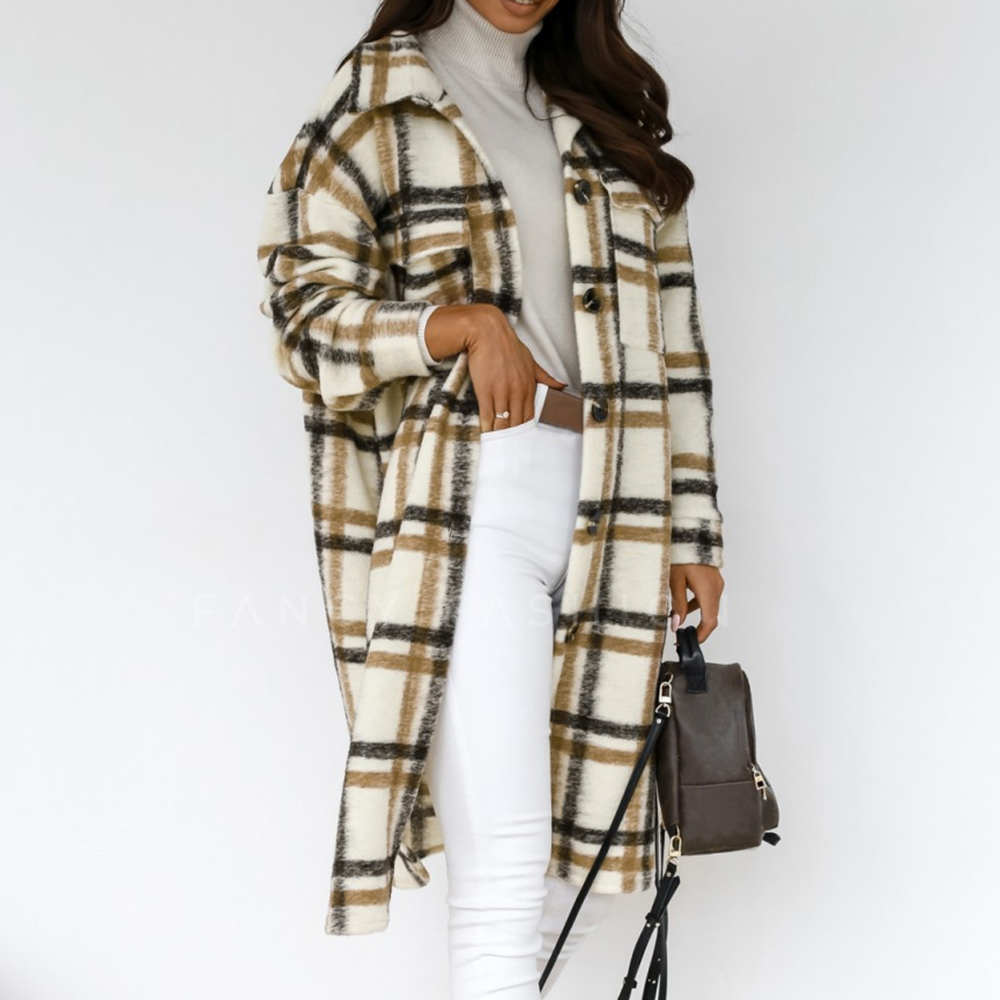 Women Vintage Warm Shirt Jacket Autumn Winter Plaid Long Shirt Jacekt Casual Loose Buttons Pockets Turn down Shirt Coat