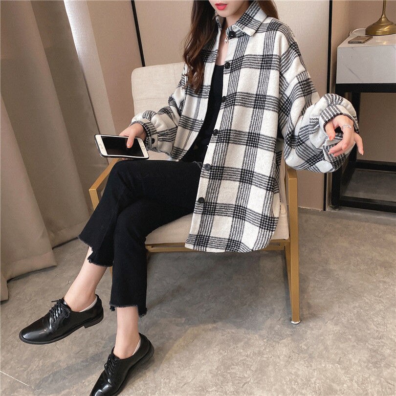 Women Spring Autumn Long Sleeve Blouse Plaid Flannel Boyfriend Tunic Shirts Loose Casual Street Lady Korean Oversized Top
