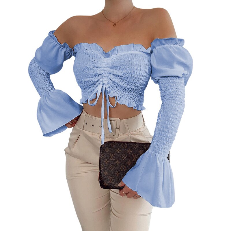 High Quality Tops for Women 2022  Summer Bodycon Crop Top Blue Long Sleeve Top Draped Sexy Short Top Party Club