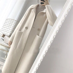 Spring Knitted Long Cardigan Turn Down Collar Jacket Solid Loose Thicken Woman Coat Spring Knitted Jackets for women