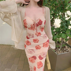 Lizakosht French Vintage Strap Dress Women Sweet Elegant Sleeveless Sexy Floral Dress Female Casual V-neck Beach Party Dress Summer 2021