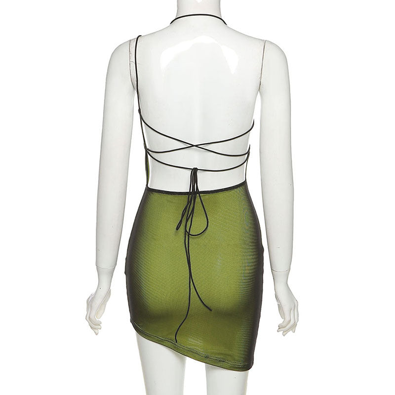 Lizakosht  Mesh Halter Tie Up Baddie Dresses For Women 2021 Summer Casual Street Style Sexy Backless Sleeveless Mini Dress Female Hot
