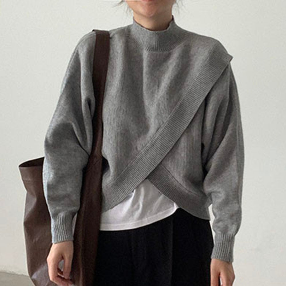 Sweater Korean Fashion 2022 Spring Autumn Solid Color Round Neck Cross Irregular Casual Long Sleeve Women's Slit Keep Warm