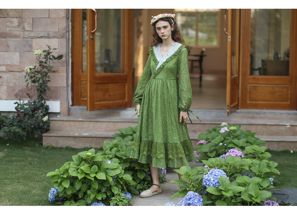 Lizakosht Green Dress SpringSummer Women Vintage Elegant Slim Long Sleeve Embroidery Lace V-Neck Cotton Long Dress ropa mujer talla grande