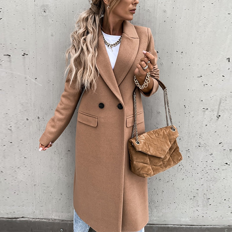 New Fashion Elegant Women Long Overcoat Autumn Winter Turn-Down Collar Woolen Coat Tops Office Lady Casual Loose Outwear