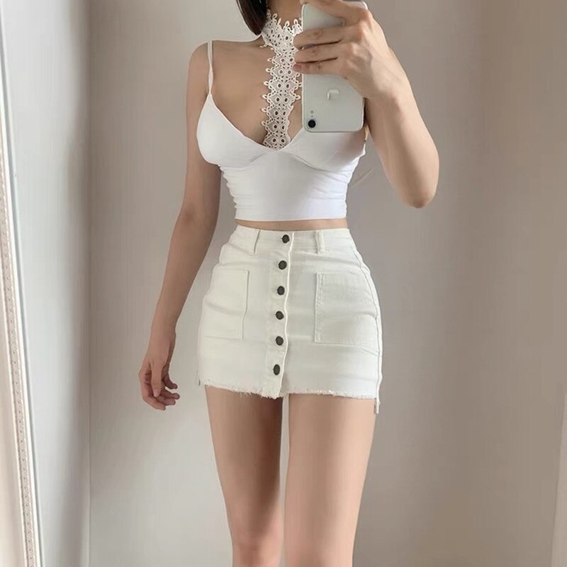 Streetwear Summer White Mini Skirts Y2k High Waisted Single Breasted High Waisted Jeans  Tight Skirt Shorts Aesthetic