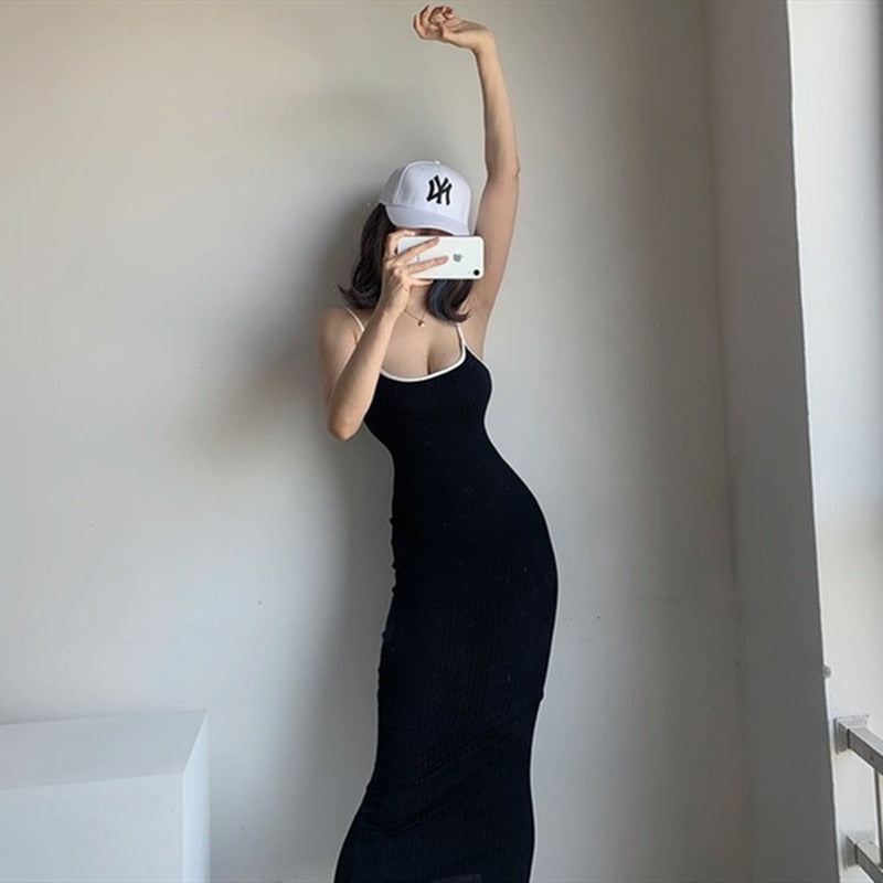 Summer New Sexy Sling Dress Hit Color Edging Solid Color Stretch Bag Hip Pencil Dress Fashion Ins