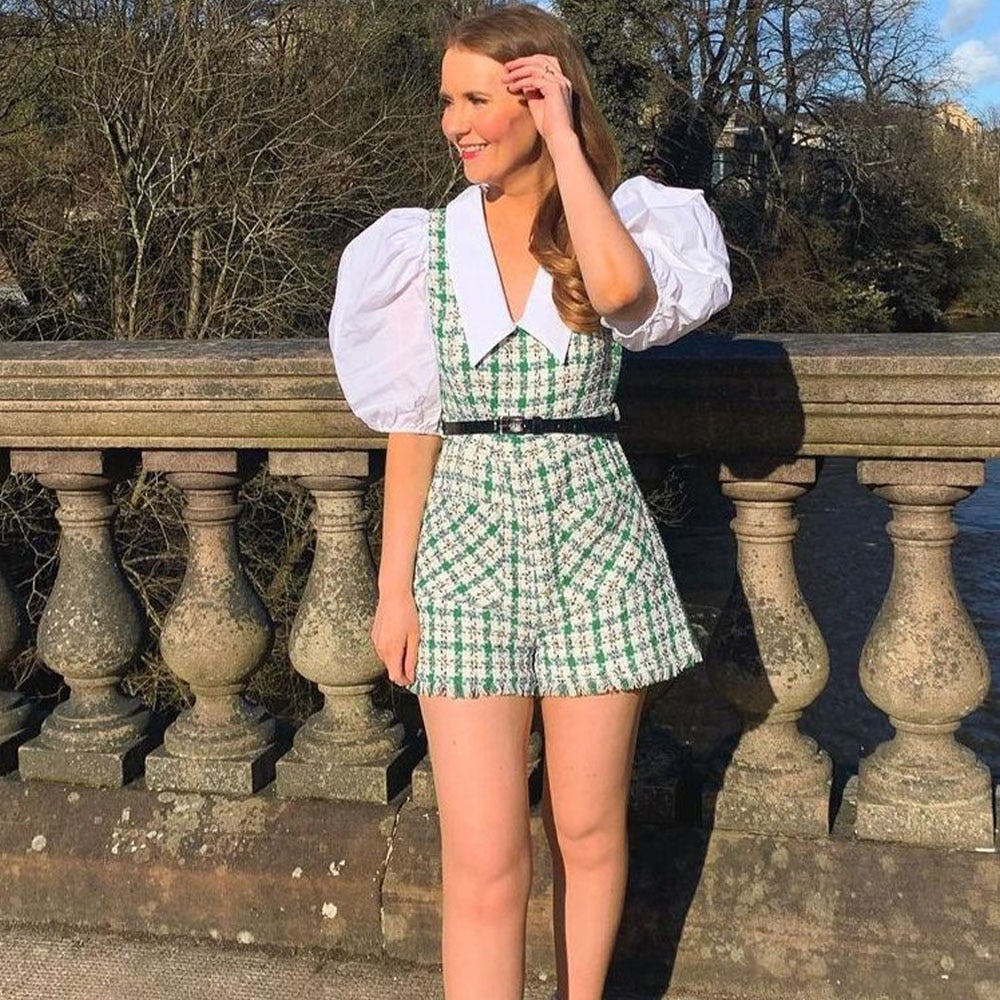 Elegant women tweed rompers 2022 fashion ladies green plaid rompers streetwear female sweet pocket playsuit girls chic romper